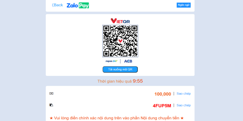 Quét mã QR Zalo Pay để nạp tiền vào tài khoản OK365